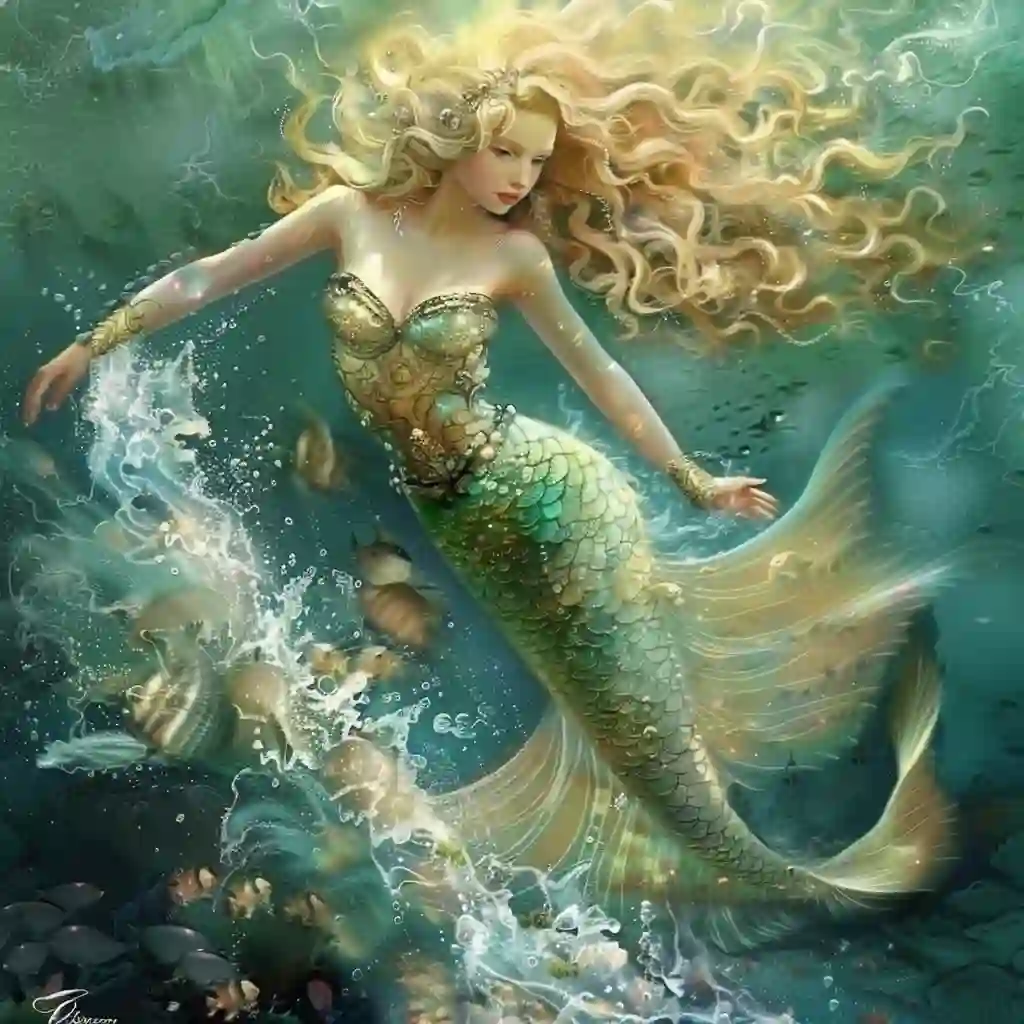 "Illustration of a Merrow, an Irish mermaid, beneath the sea waves