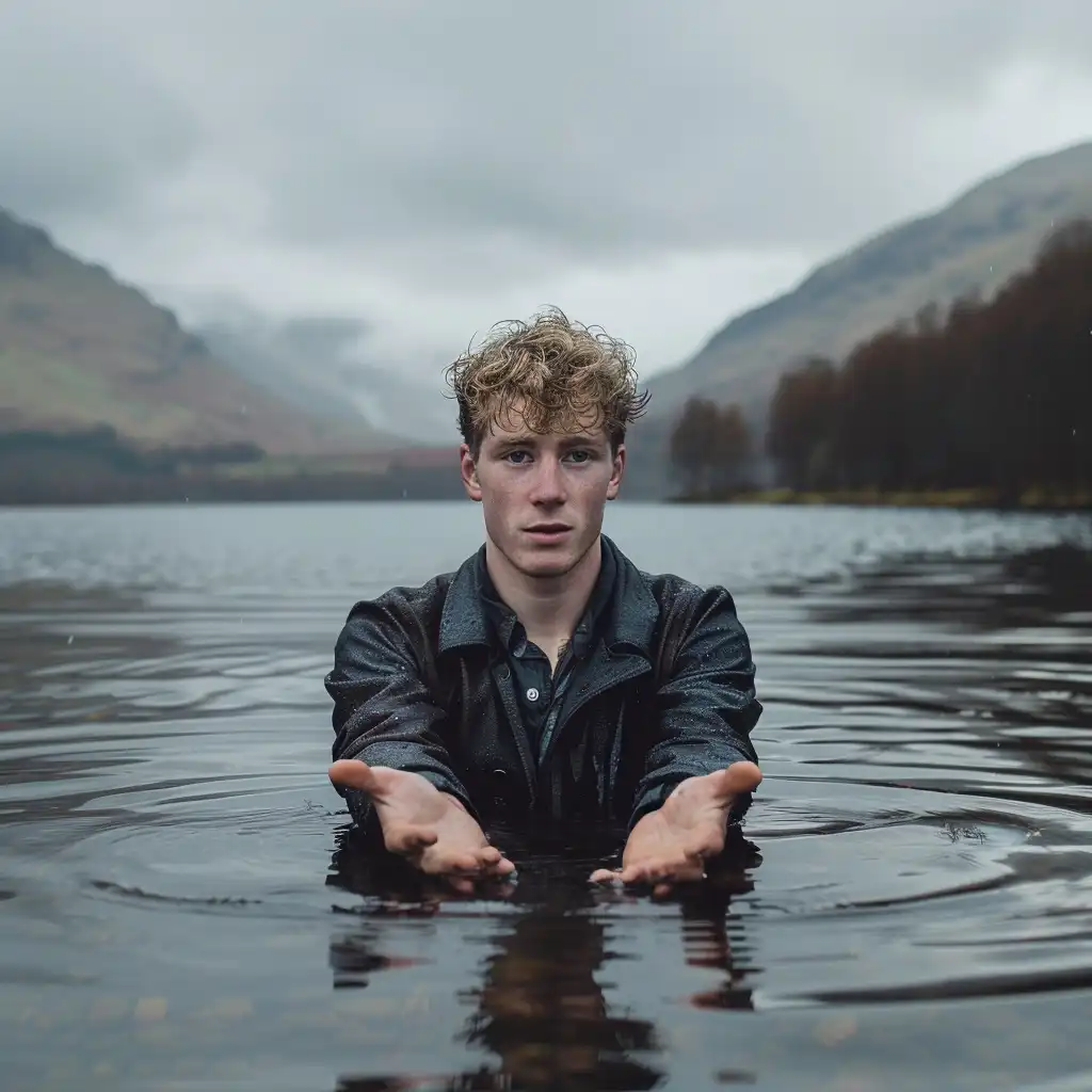 The Water Horse, in its human form, blending with the Celtic waterscape