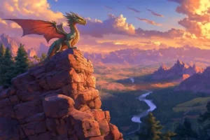 A striking red dragon sitting majestically on a mountain peak, embodying the strength and grandeur often seen in legendary types of dragons across fantasy tales.