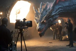 A dragon on a bustling film set, surrounded by cameras and crew, showcasing the creative process behind bringing different types of dragons to life in movies and storytelling.