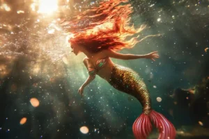 red haired mermaid in water