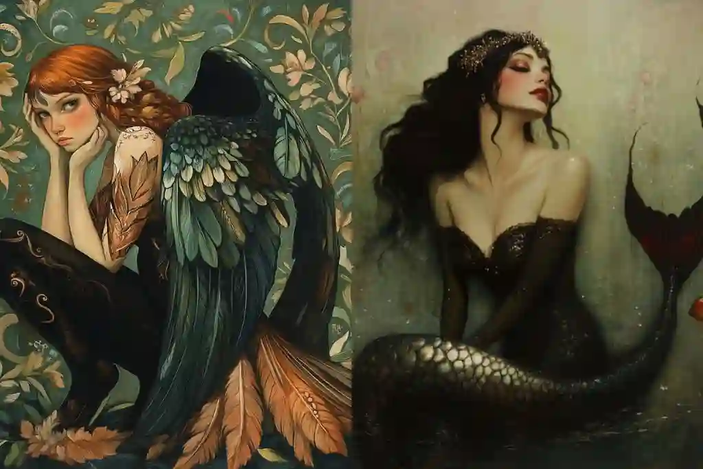 a side by side of a harpy and siren