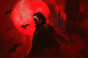 vampire against a red  background a legendary creature