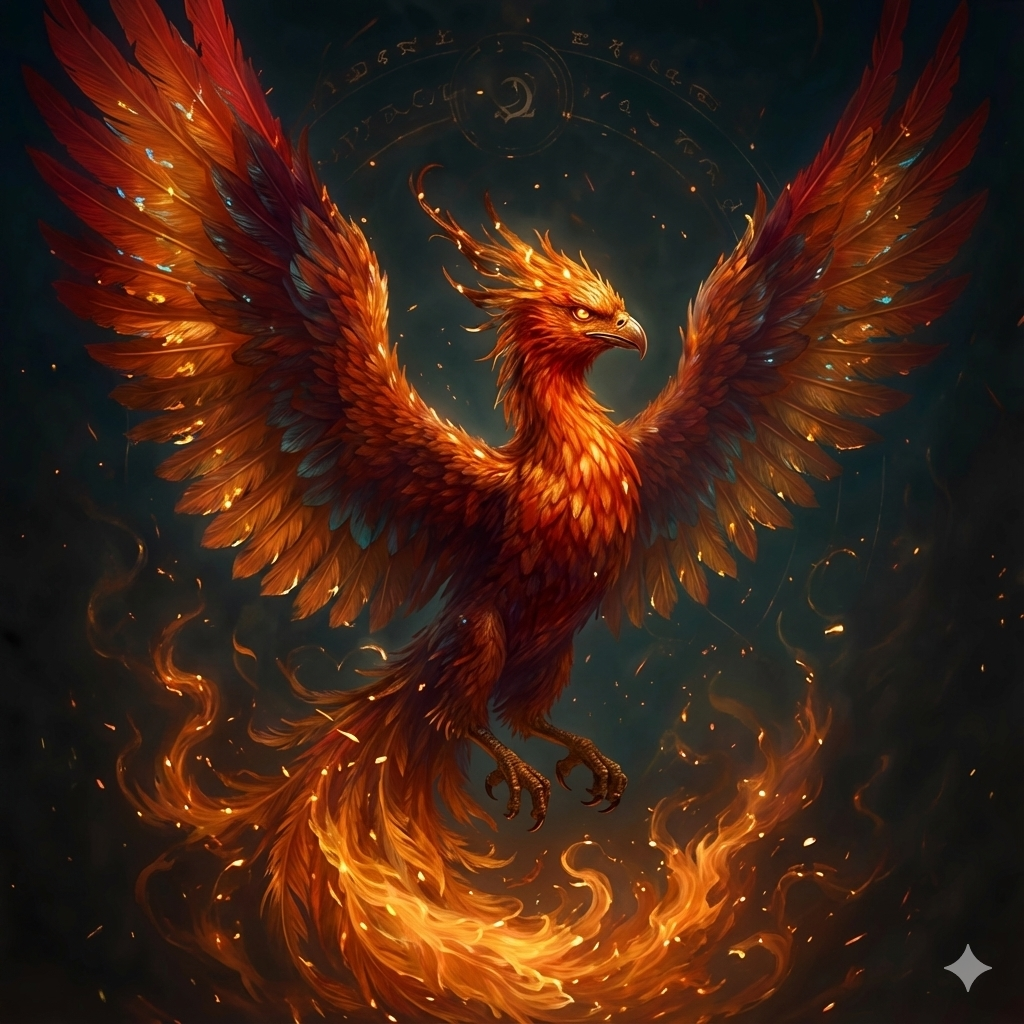 fiery phoenix rising from ashes