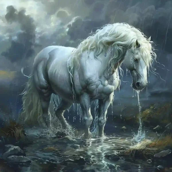 white Ceffyl Dŵr, having a drink by a lake