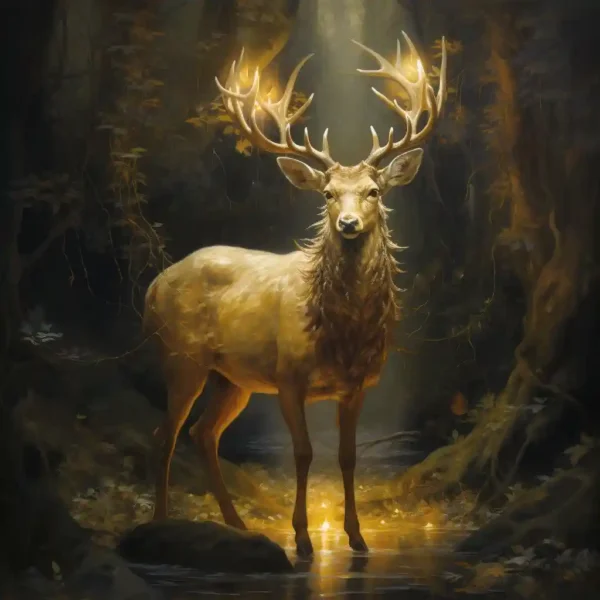 Image of the Ceryneian Hind, a golden deer with radiant antlers, symbolizing purity.