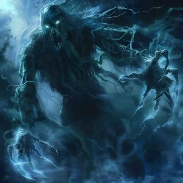 Artwork of Fuath, a menacing figure lurking at the water's edge.