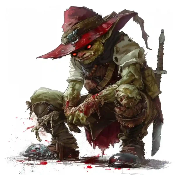 Artwork of a menacing Redcap, cap dripping crimson, lurking in ruins