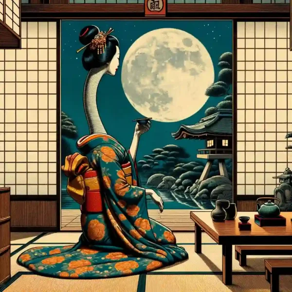 Artwork of a Rokurokubi, her neck extended upwards, exploring the night