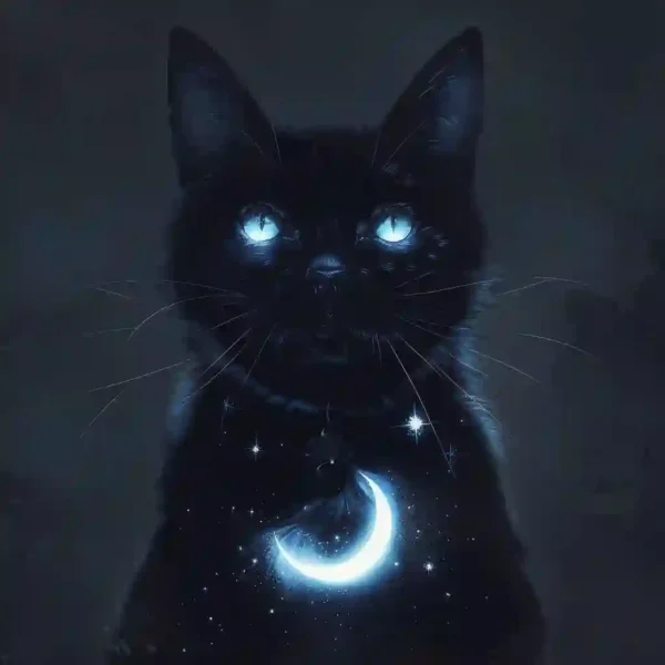 Artwork of a Cat Sidhe, a large fairy cat, with glowing eyes