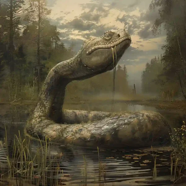 Illustration of the Flathead Lake Monster, surfacing in the tranquil waters