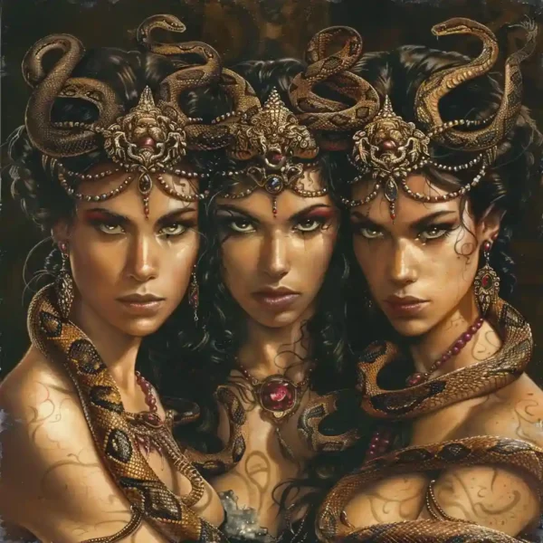 Illustration of the Gorgons, snake-haired sisters with a petrifying stare.