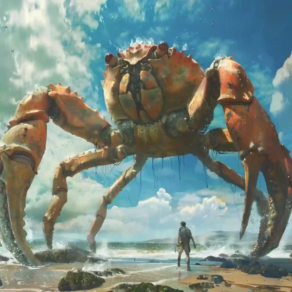 Artwork of Karkinos, the giant crab, clashing with Hercules.