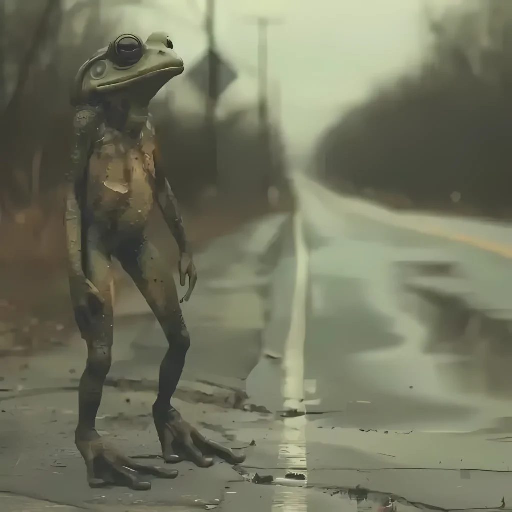 Artwork of the Loveland Frogman, standing by a road
