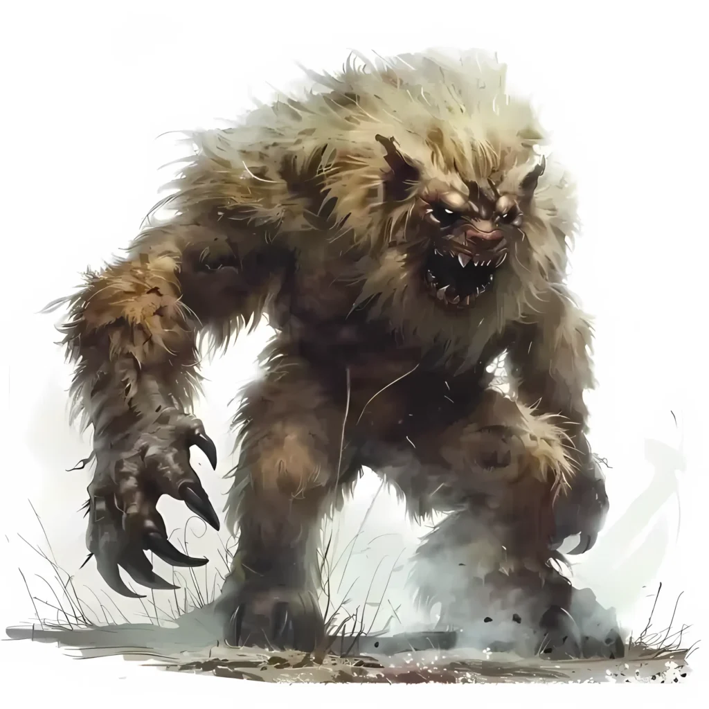Illustration of the Mogollon Monster, a towering presence in the twilight forest