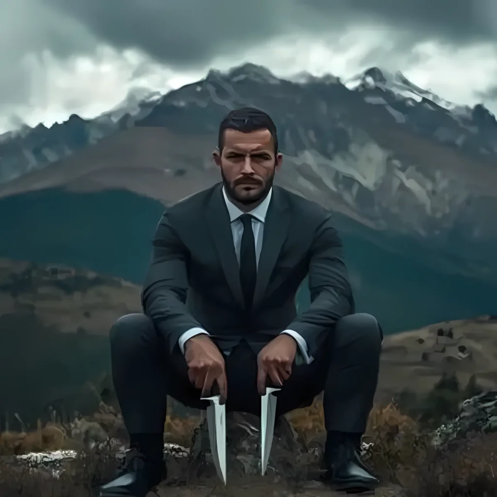 pishtaco as a caucasian man in a suit with knives