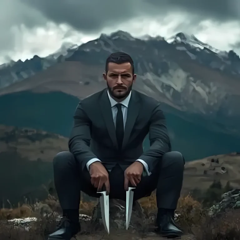 pishtaco as a caucasian man in a suit with knives