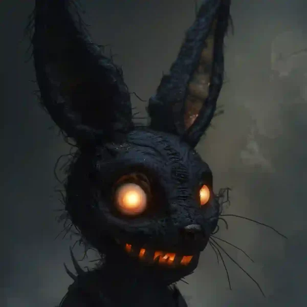 Illustration of a Púca, a mischievous spirit, in a shadowy forest