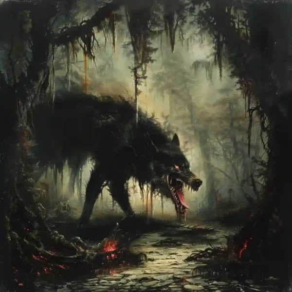 Artistic depiction of the Rougarou, a shadowy figure under the moonlight