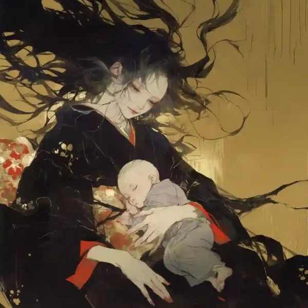 Image of an Ubume, a mournful spirit, holding her child in the moonlight