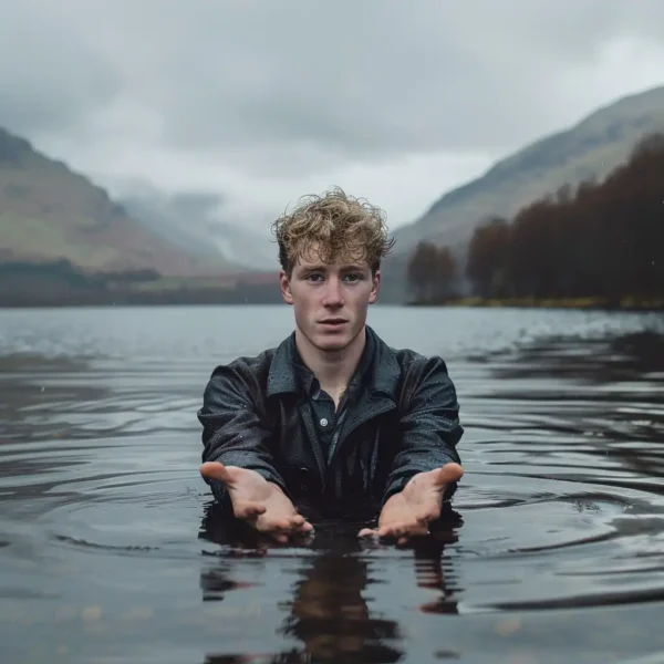 Image of a kelpie as a human, emerging from the misty waters, beguiling and dangerous