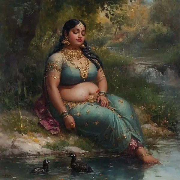 yakshi in a green sari by the river