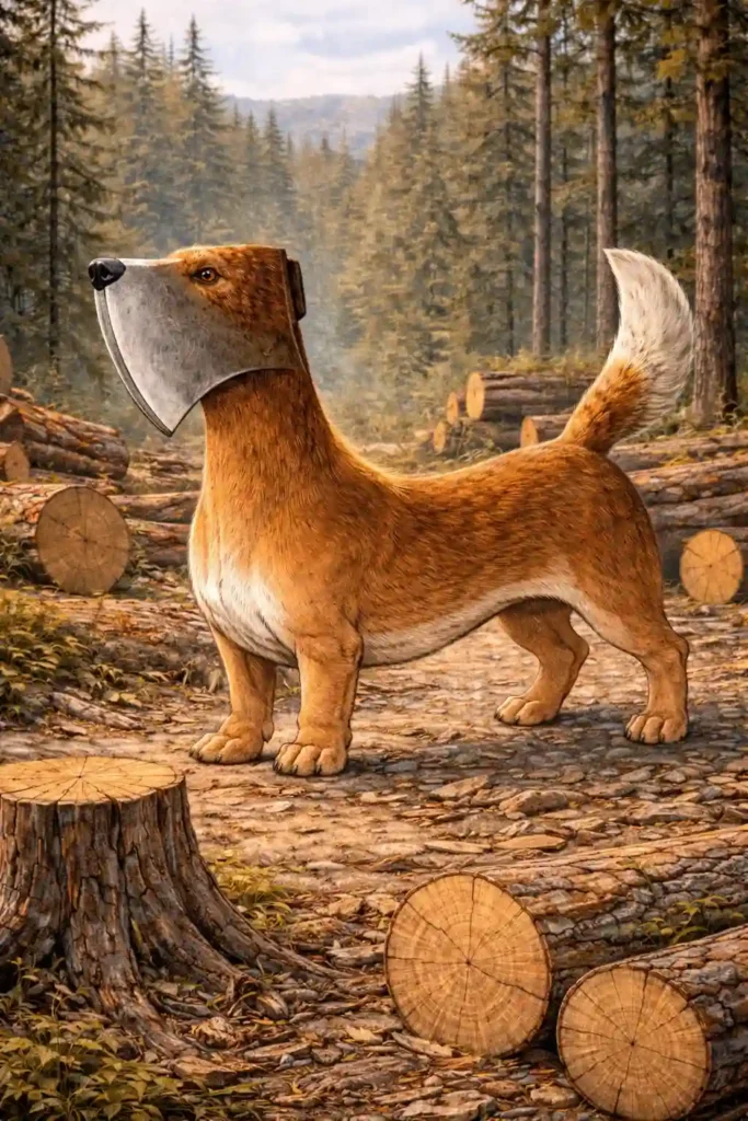 Illustration of the Axehandle Hound, a curious blend of tool and beast.