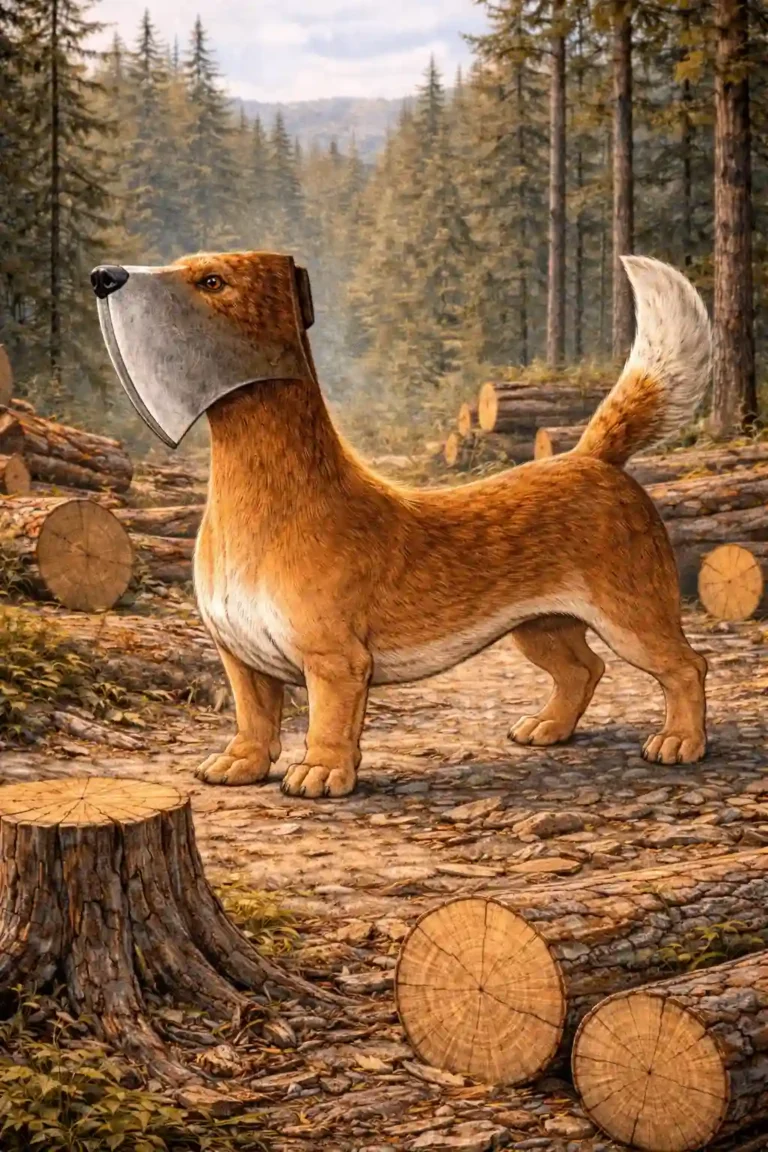 Illustration of the Axehandle Hound, a curious blend of tool and beast.
