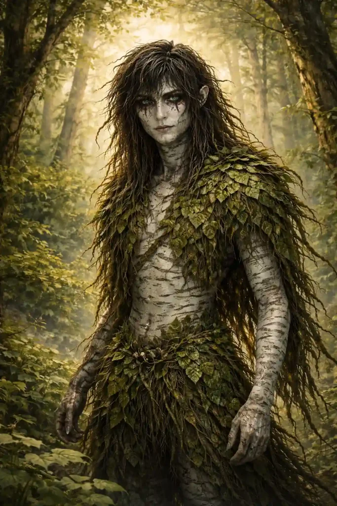 Artwork of Ghillie Dhu, camouflaged within the deep woods,