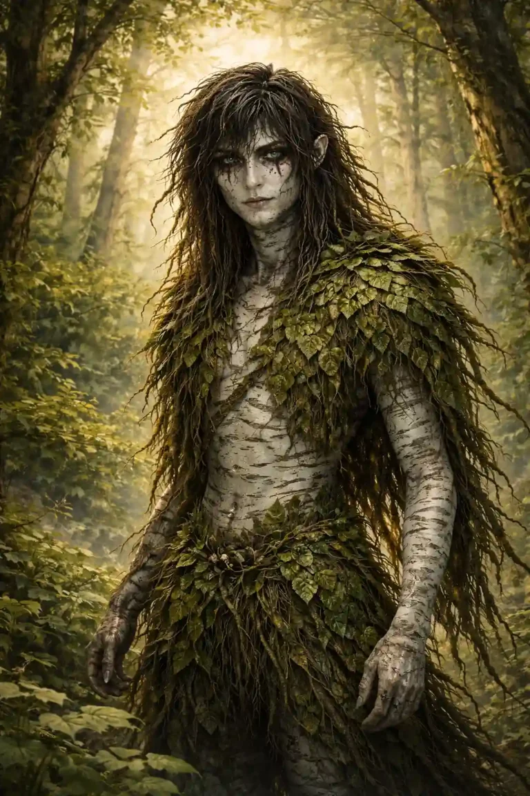 Artwork of Ghillie Dhu, camouflaged within the deep woods,
