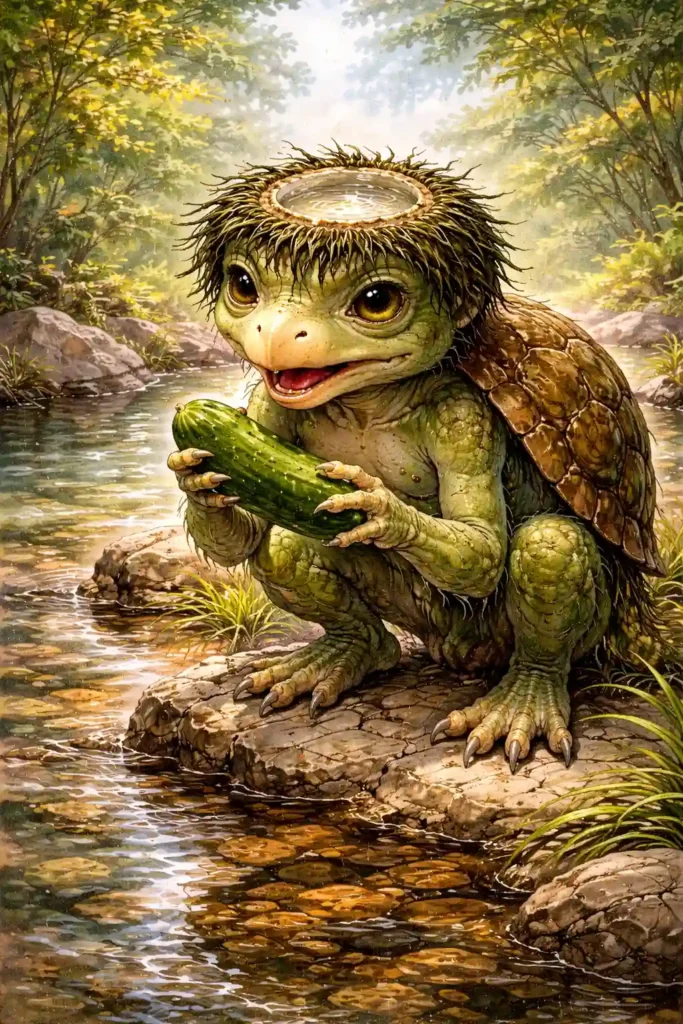 Illustration of a Kappa, emerging from river waters with a sly expression