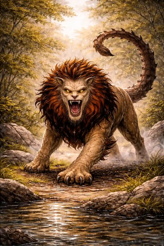 Illustration of a Manticore, a mythical beast with a lion's body and human-like face