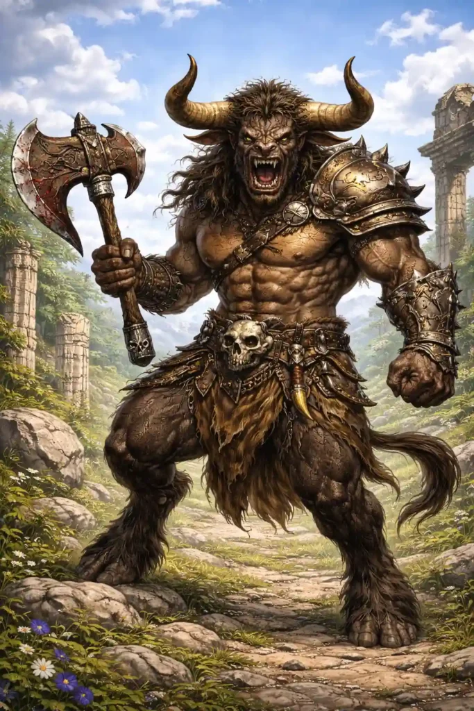illustration of minotaur in battle stance