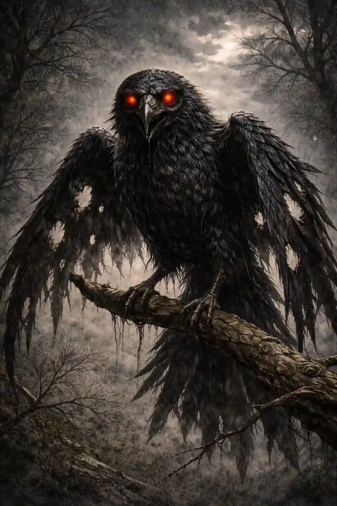 Artwork of Nattravn, silhouetted against the moon, a chilling omen.