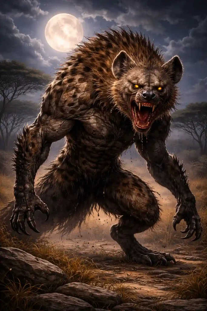 illustration of a angry werehyena on a moonlit night