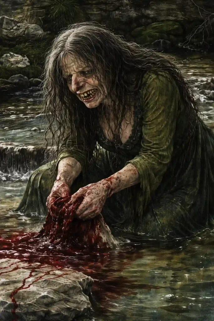 image of Bean Nighe at a stream, her eerie washing a portent of doom