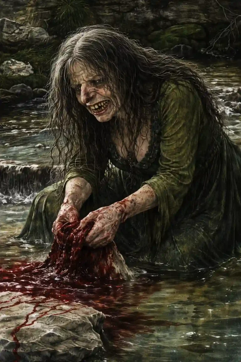image of Bean Nighe at a stream, her eerie washing a portent of doom