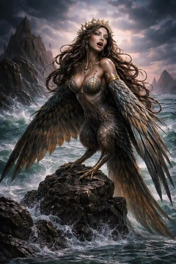 Artistic depiction of a Greek Siren, singing with the ocean as her backdrop
