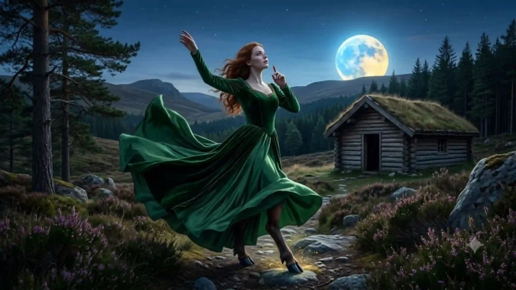 A green-dressed baobhan sith dancing in the Highlands with one deer-like hoof visible