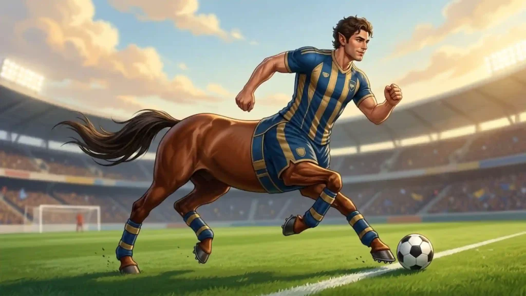 A centaur in blue and gold soccer gear running with the ball