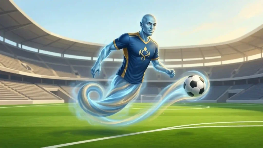 A blue djinn in soccer gear guiding the ball across the pitch