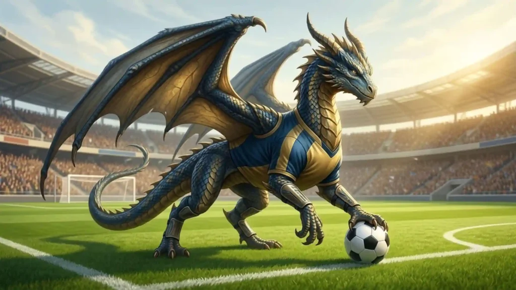 A winged dragon in soccer gear controlling the ball in a stadium