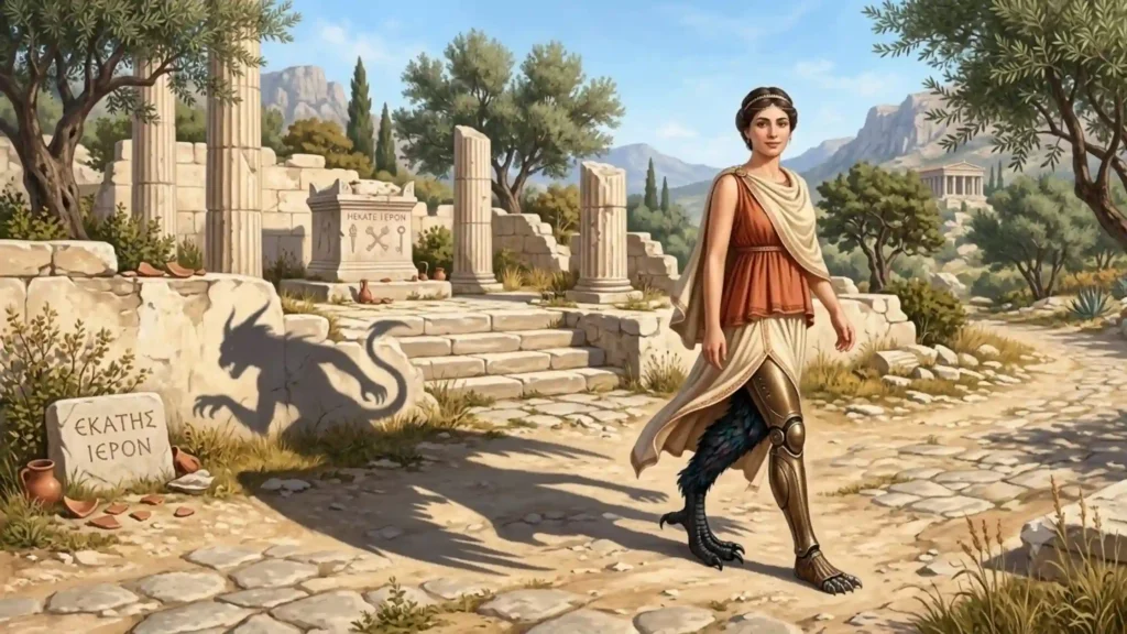 A beautiful Empousa on an ancient Greek road with mismatched supernatural legs