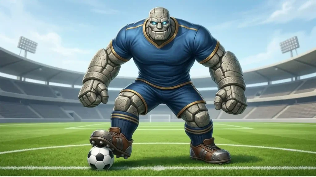 A stone golem in soccer gear defending with the ball at his feet