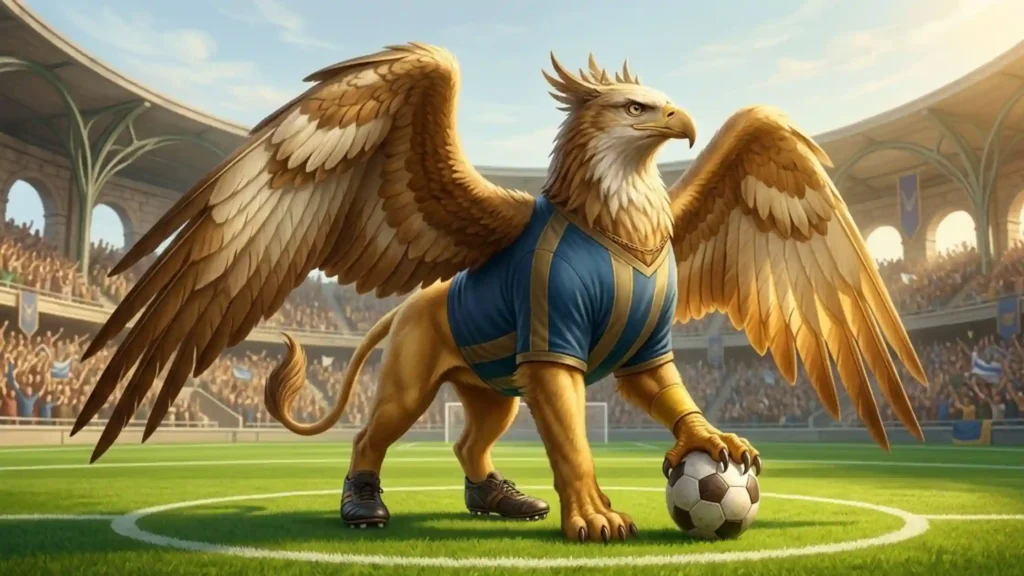 A griffin captain in blue and gold soccer gear standing with the ball