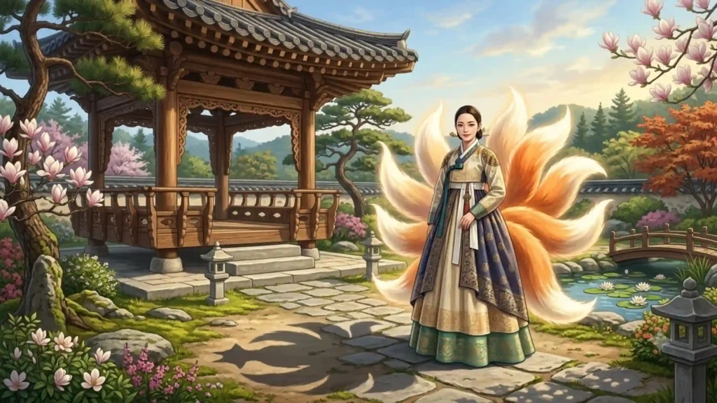 An elegant Korean gumiho with nine fox tails in a traditional garden
