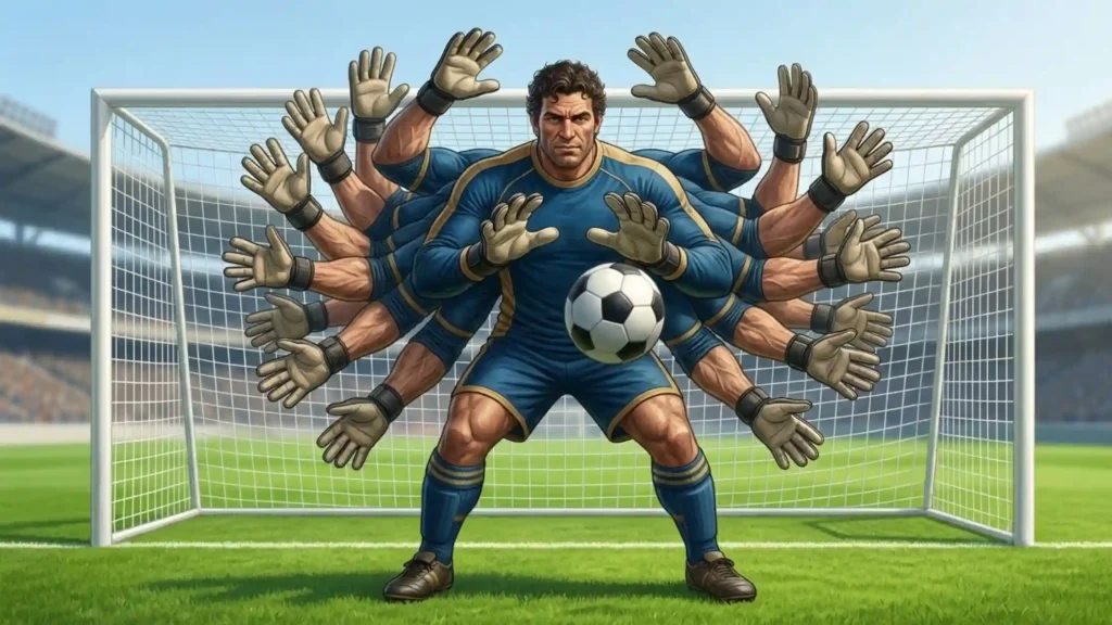 A many-armed Hecatoncheir wearing goalkeeper gear in front of a soccer goal