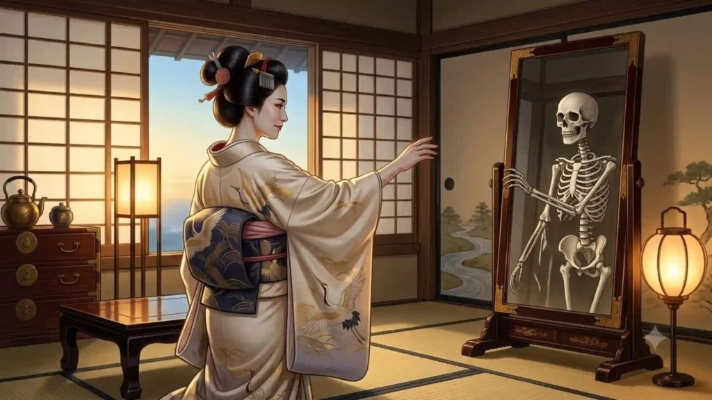 A beautiful Japanese ghost whose mirror reflection reveals a skeleton