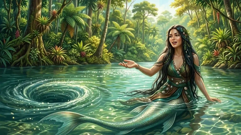 A beautiful Iara singing from a bright Amazon river above a dangerous current