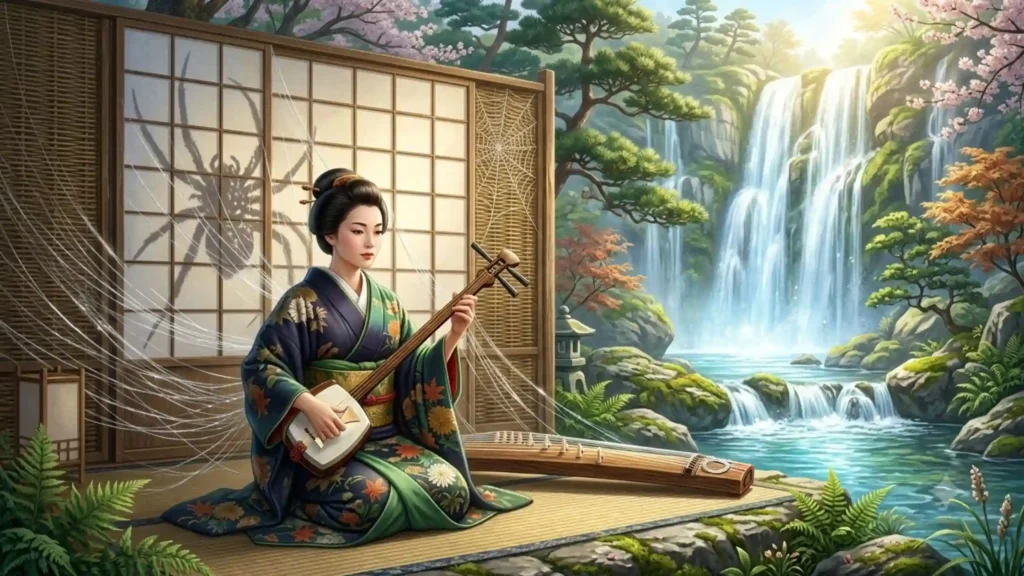 A beautiful Jorogumo musician with spider silk and a giant spider shadow
